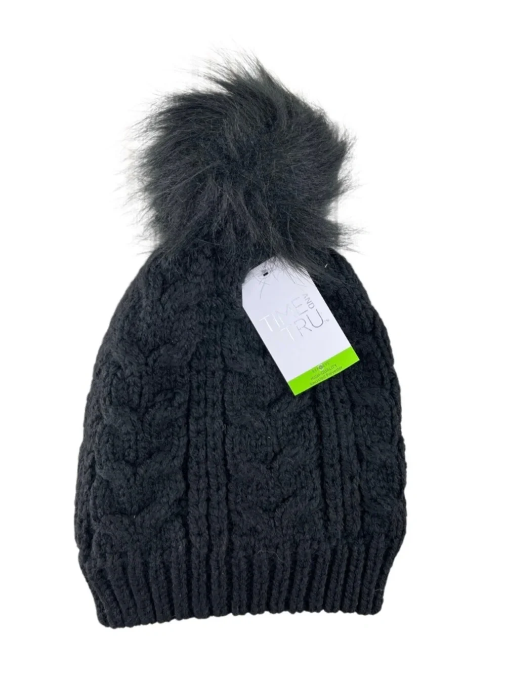 Women's Cable Pom-Pom Beanie Hat Black Winter